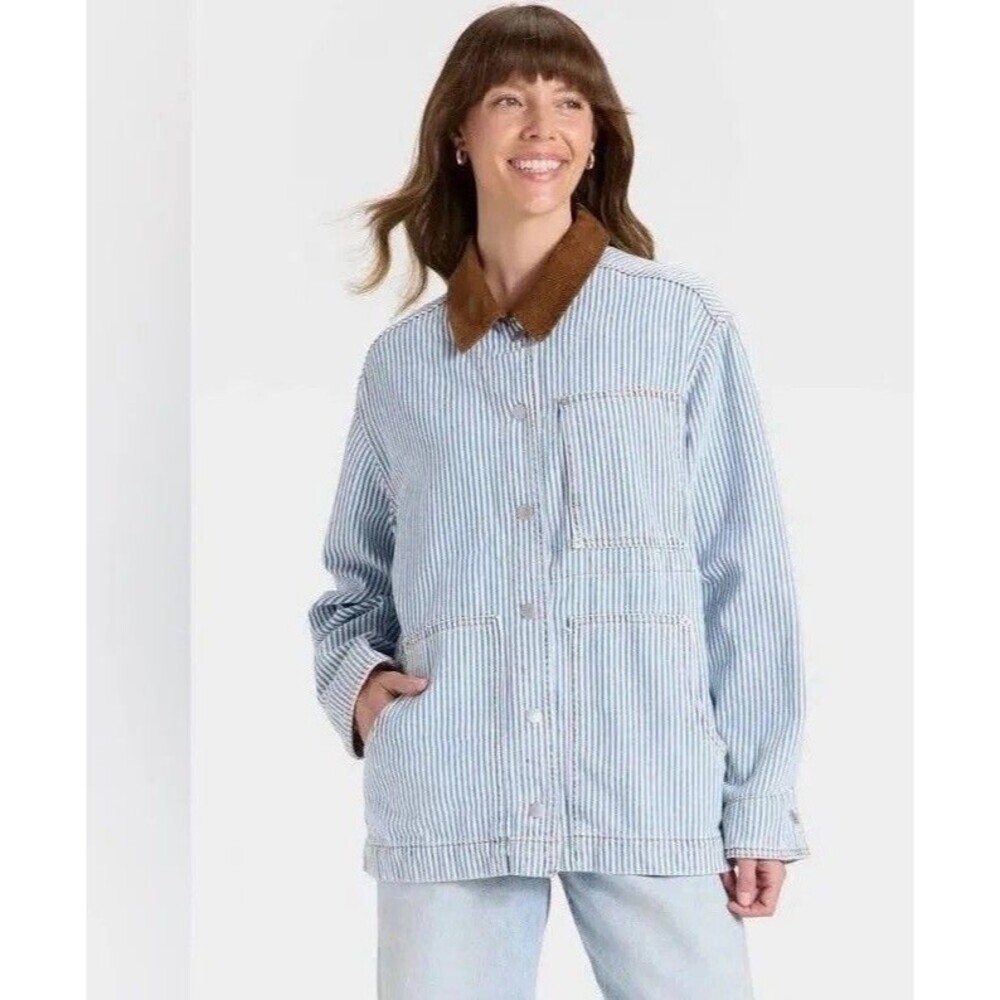 Universal Thread Blue Striped Denim Barn Chore Jacket Brown Corduroy Collar XL